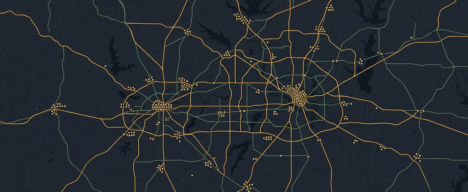 Stylized map of the Dallas–Fort Worth metroplex service area.