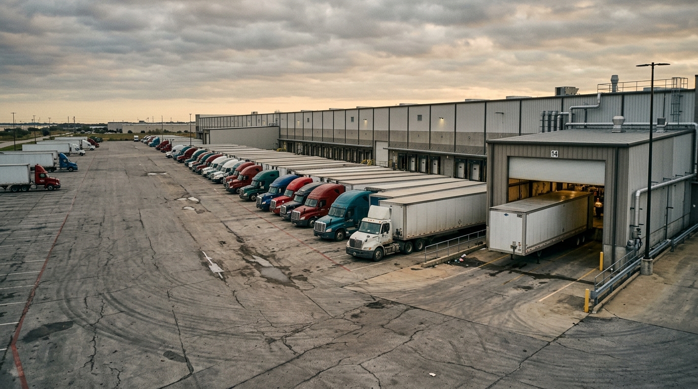 A commercial fleet yard with trucks staged for the workday in the DFW metroplex.