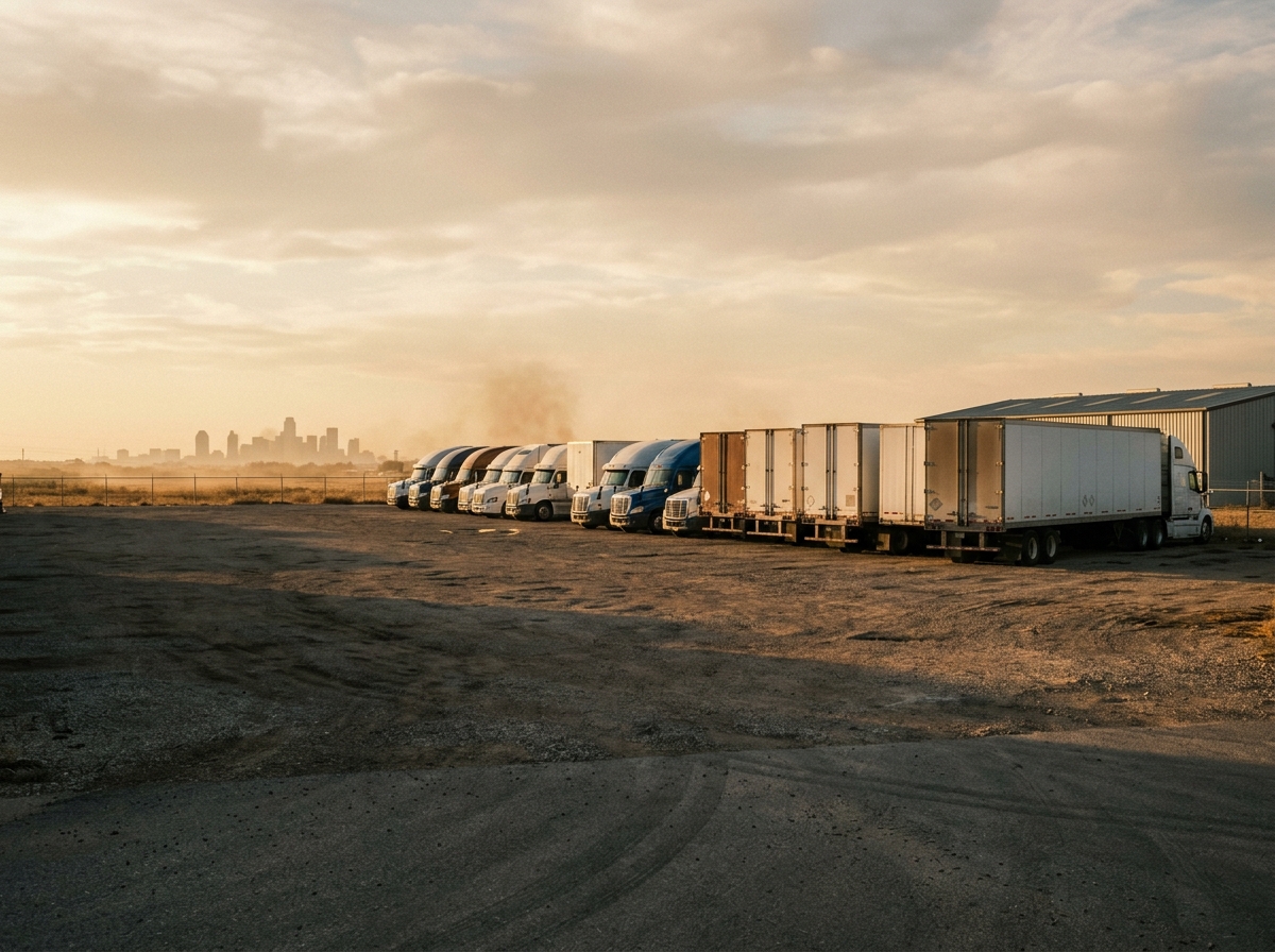 Semi trucks lined up in a Dallas–Fort Worth trucking yard at golden hour.